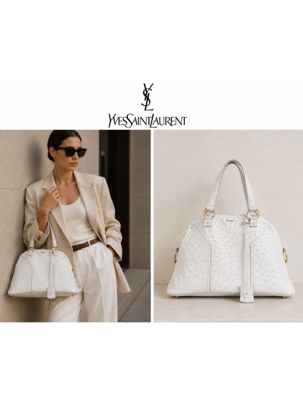 Yves Saint Laurent YSL Muse Large Genuine Ostrich Leather White Rive Gauche Bag